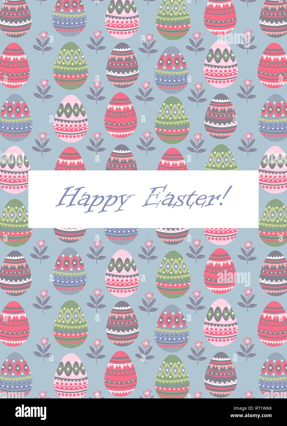 Happy Easter. Templates for cards and flyers with cartoon flat cute easter eggs pattern and text. Vector illustration Stock Vector
