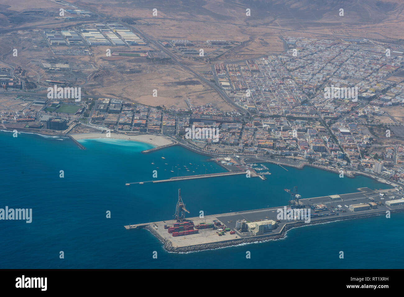 Spain, Canary Islands, Fuerteventura, aerial view of Puerto del Rosario Stock Photo
