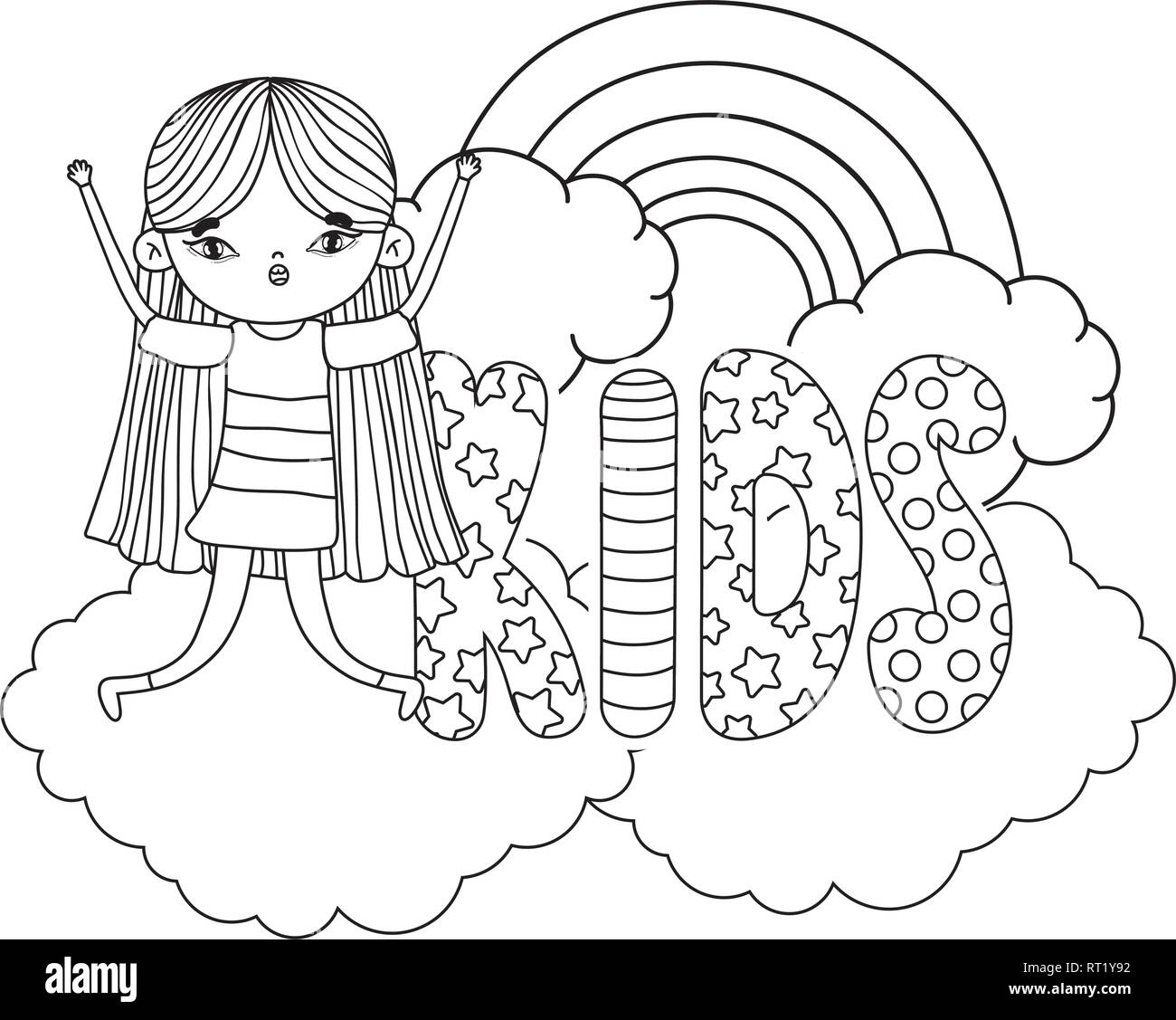 little girl with rainbow in the clouds Stock Vector