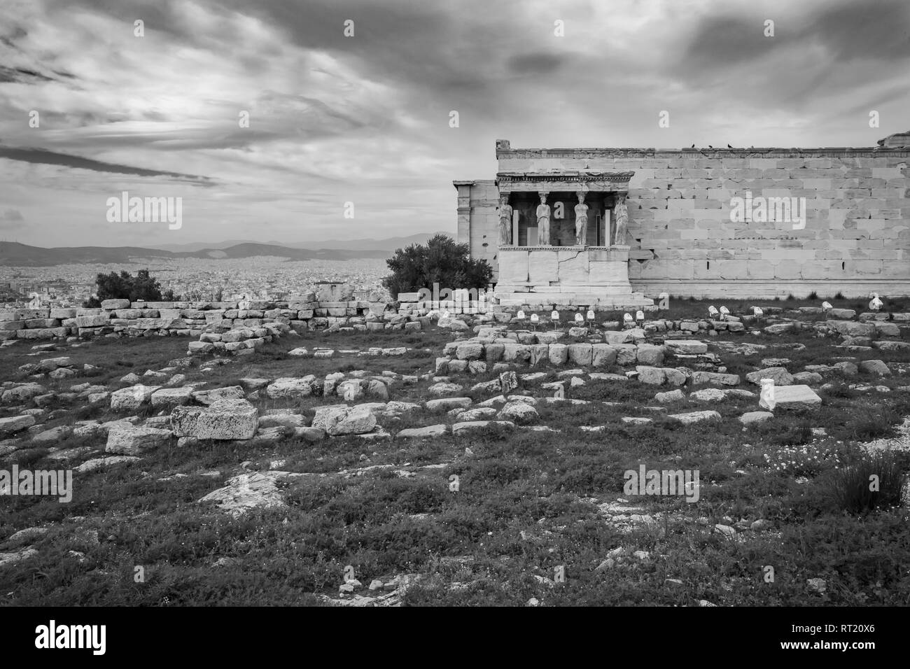 Erechtheion - small temple with Caryatids instead of columns, black and white Stock Photo