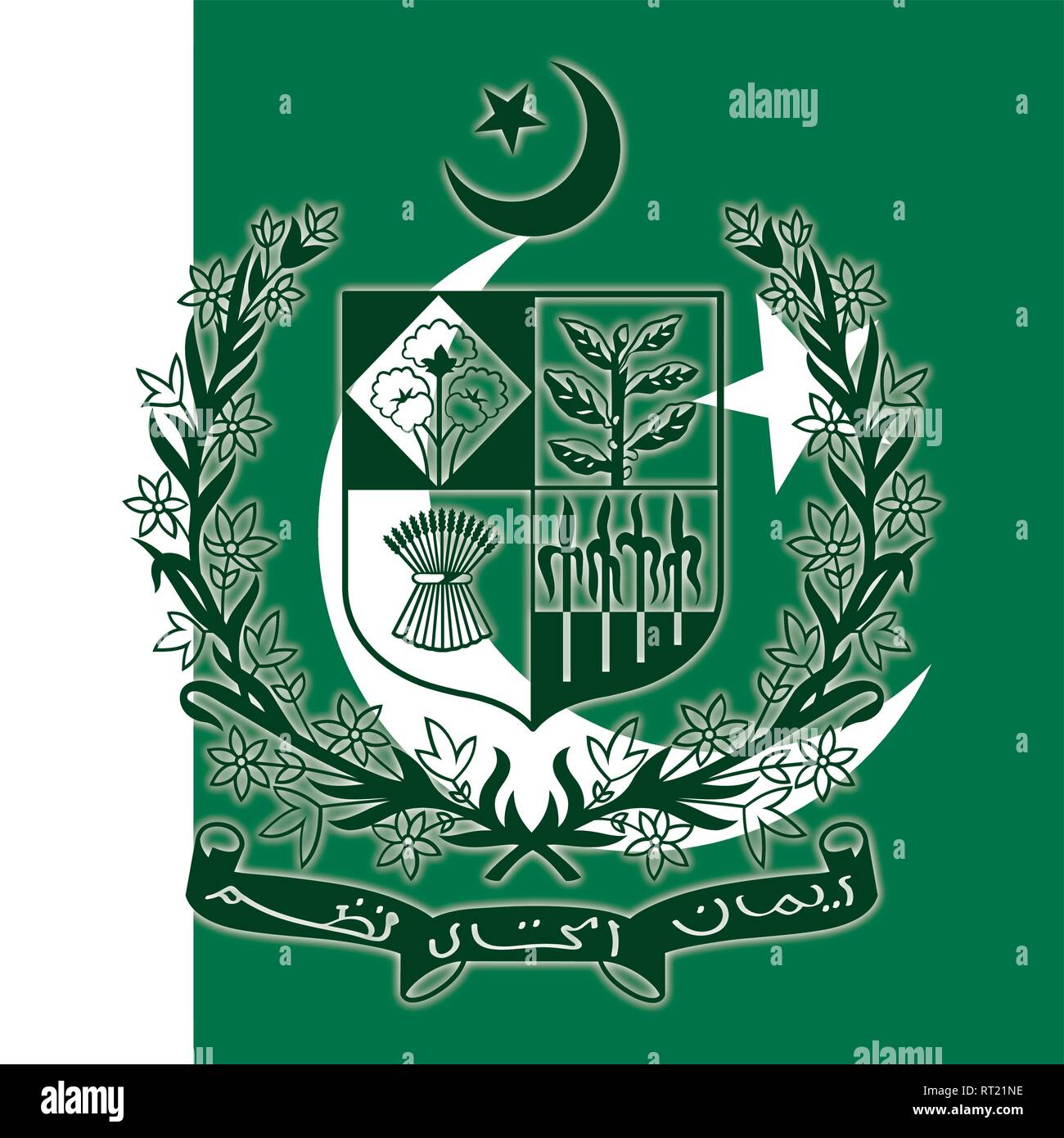 Pakistan official coat of arms on the national flag Stock Vector