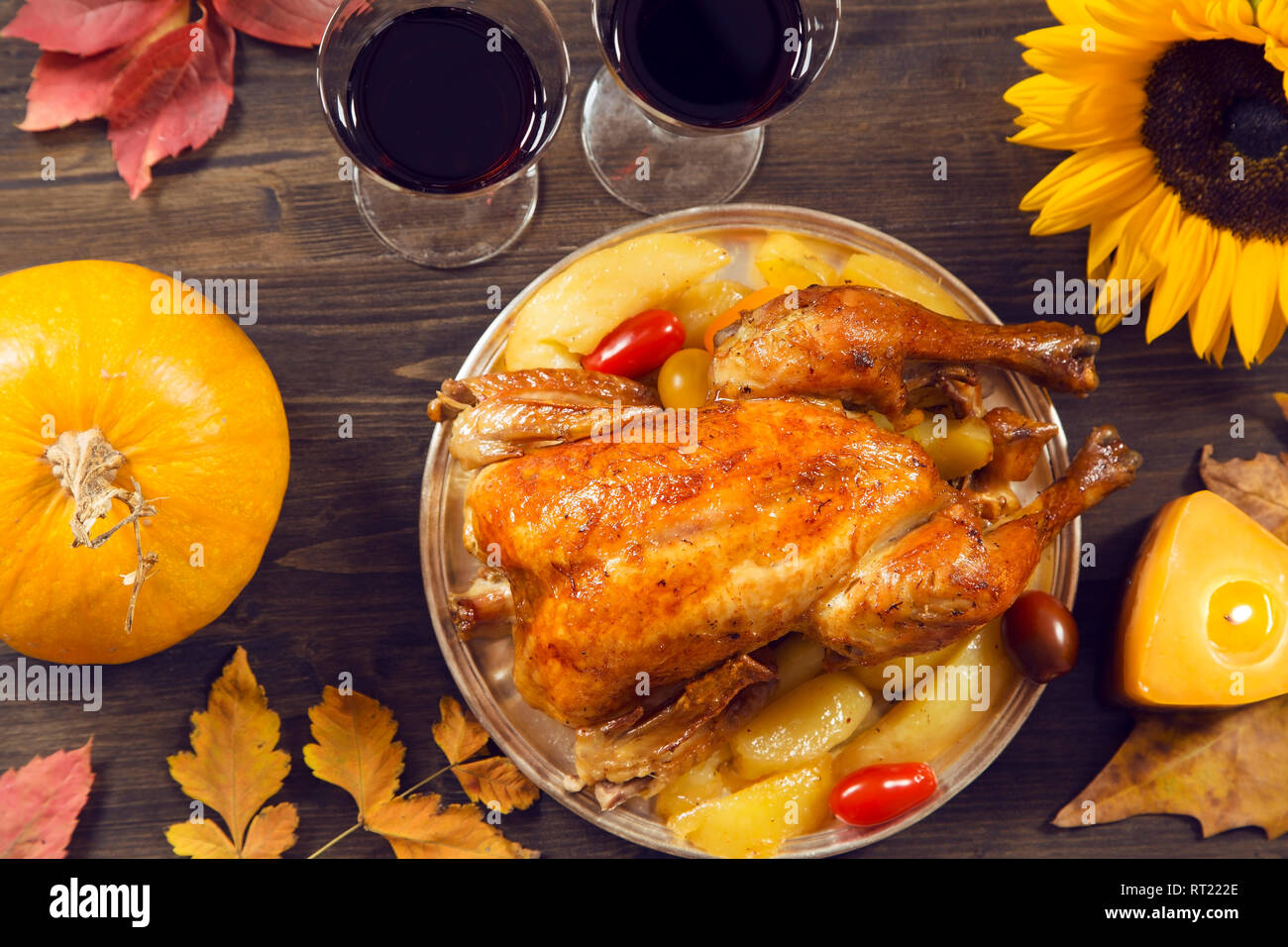 Thanksgiving dinner served on wooden rustic table Stock Photo