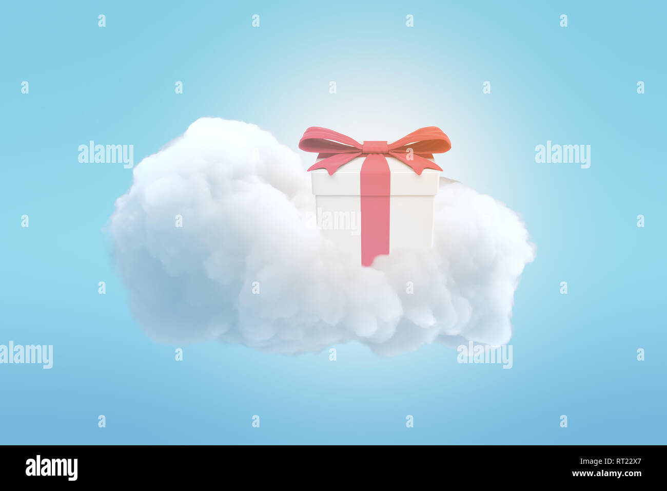 3d rendering of gift box with red ribbon on top of white cloud on blue background Stock Photo