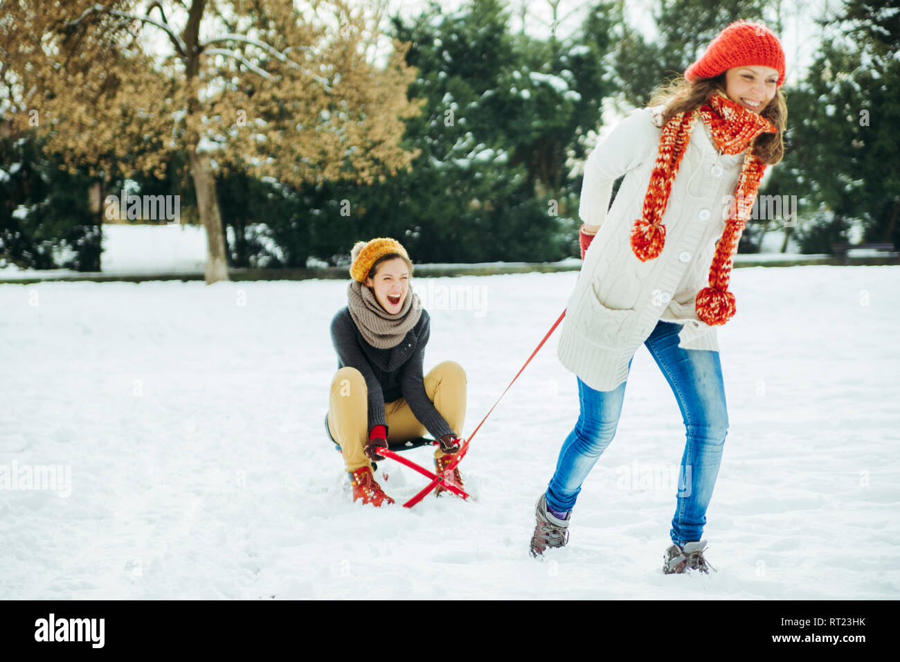 Two friends having fun in the snow Stock Photo