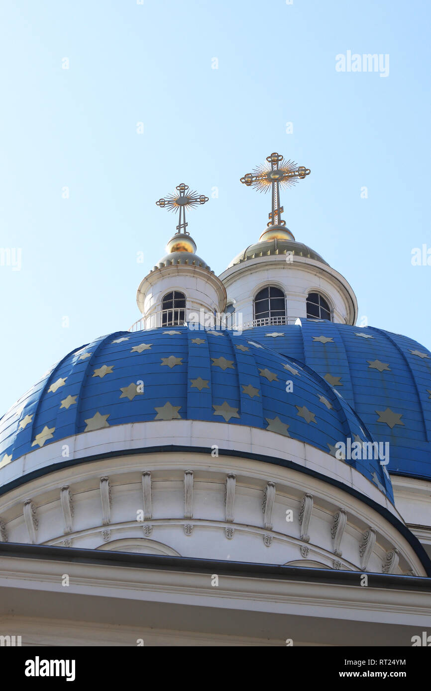 Two blue domes & crosses. Trinity Izmailovsky Cathedral. Cathedral of the Holy Life-Giving Trinity of the Life Guards Izmailovsky Regiment. Saint-Pete Stock Photo