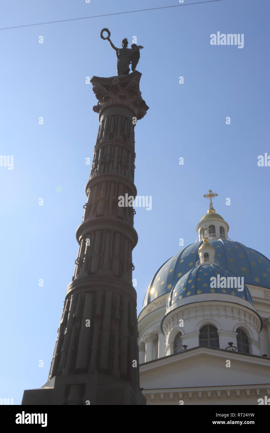 Glory Column of the Izmailovsky Regiment & Trinity Izmailovsky Cathedral. Cathedral of the Holy Life-Giving Trinity of the Life Guards Izmailovsky Reg Stock Photo