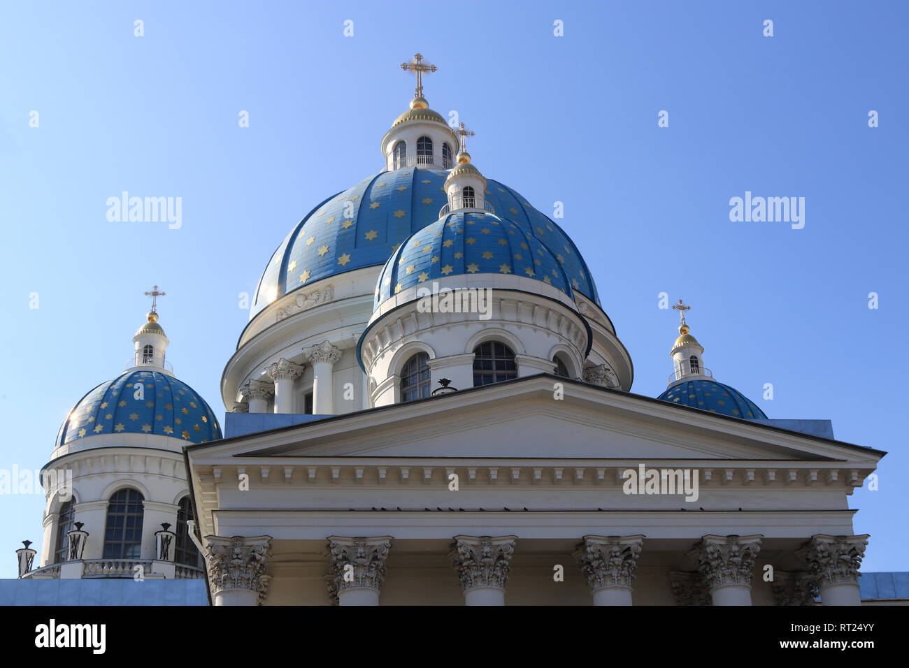 Facade with blue domes & crosses. Trinity Izmailovsky Cathedral. Cathedral of the Holy Life-Giving Trinity of the Life Guards Izmailovsky Regiment. Sa Stock Photo