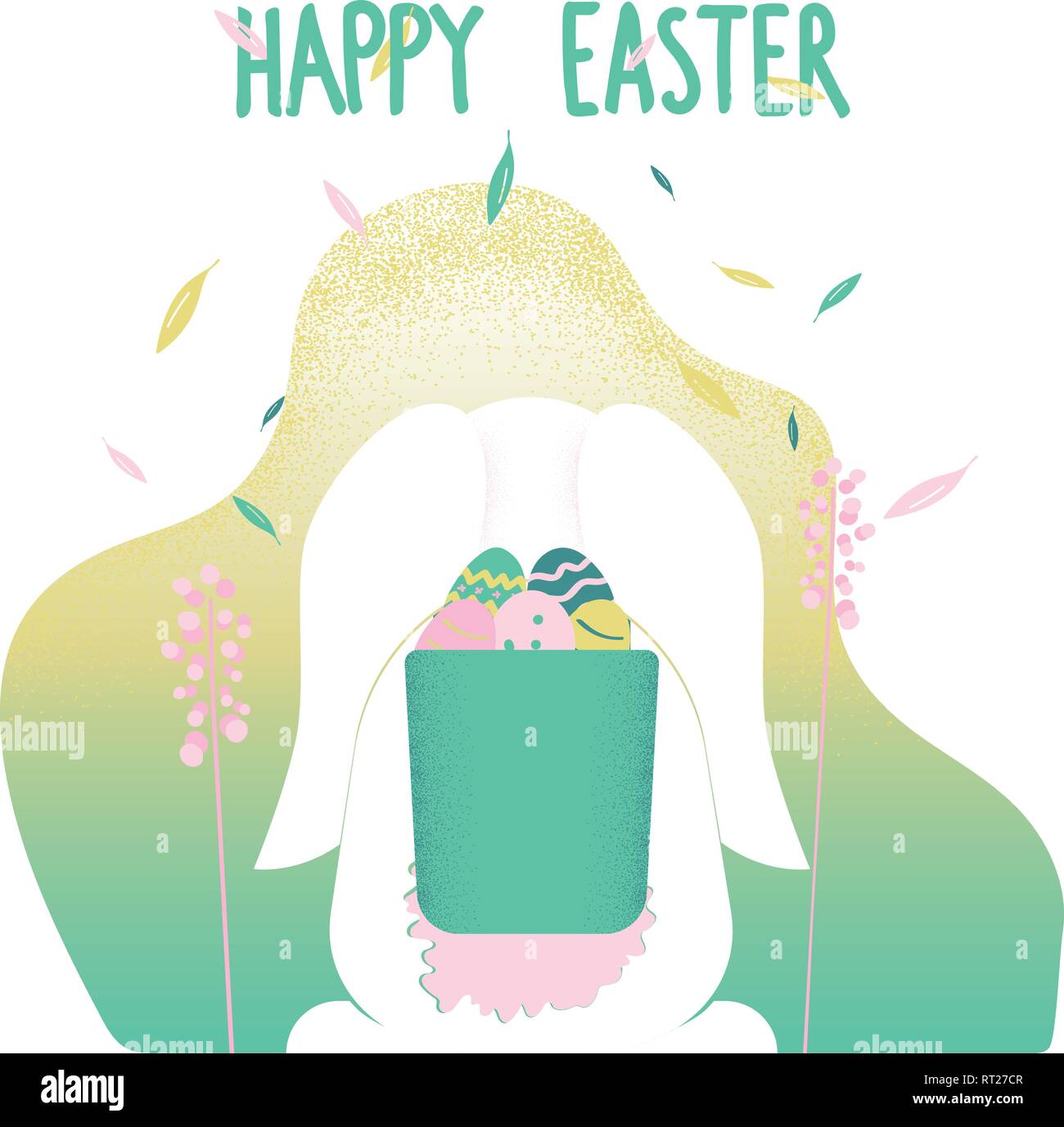 Happy Easter greeting card design. Easter Bunny Carrying Basket with ...