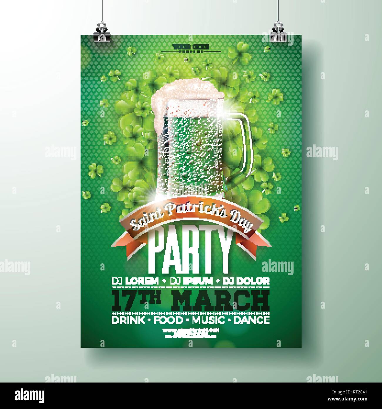 Saint Patricks Day Party Flyer Illustration with Green Beer and Clover on Abstract Background. Vector Irish Lucky Holiday Design for Celebration Stock Vector