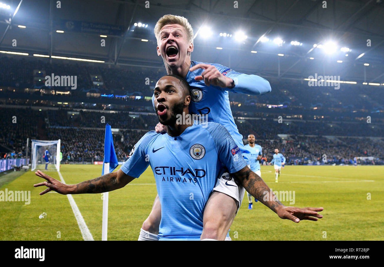 Raheem Sterling rejoices after his goal to 3:2 for Manchester City in the first leg of the Champions League round at Schalke 04 Stock Photo