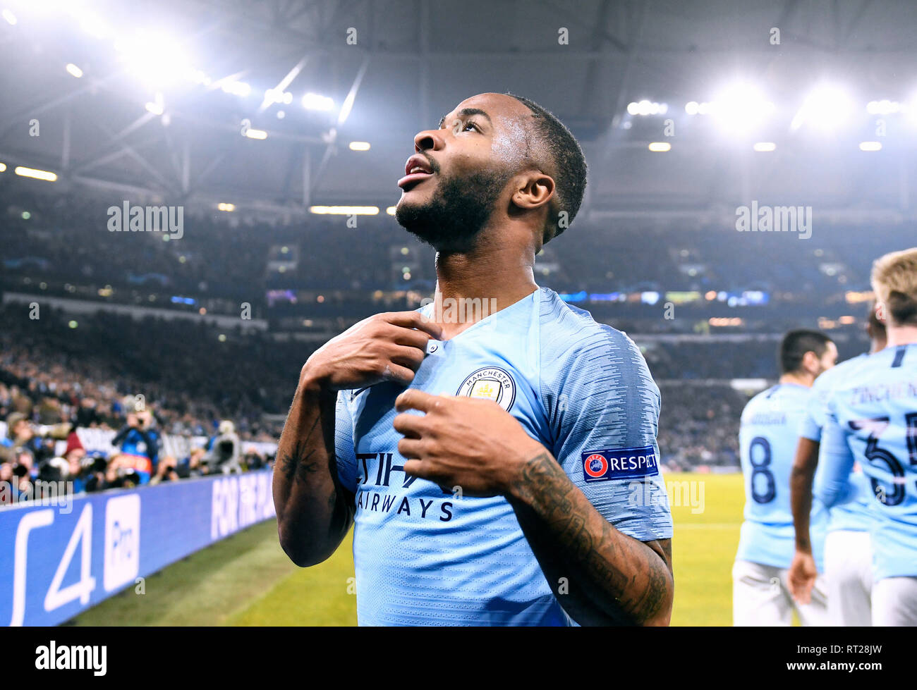 Raheem Sterling rejoices after his goal to 3:2 for Manchester City in the first leg of the Champions League round at Schalke 04. Stock Photo