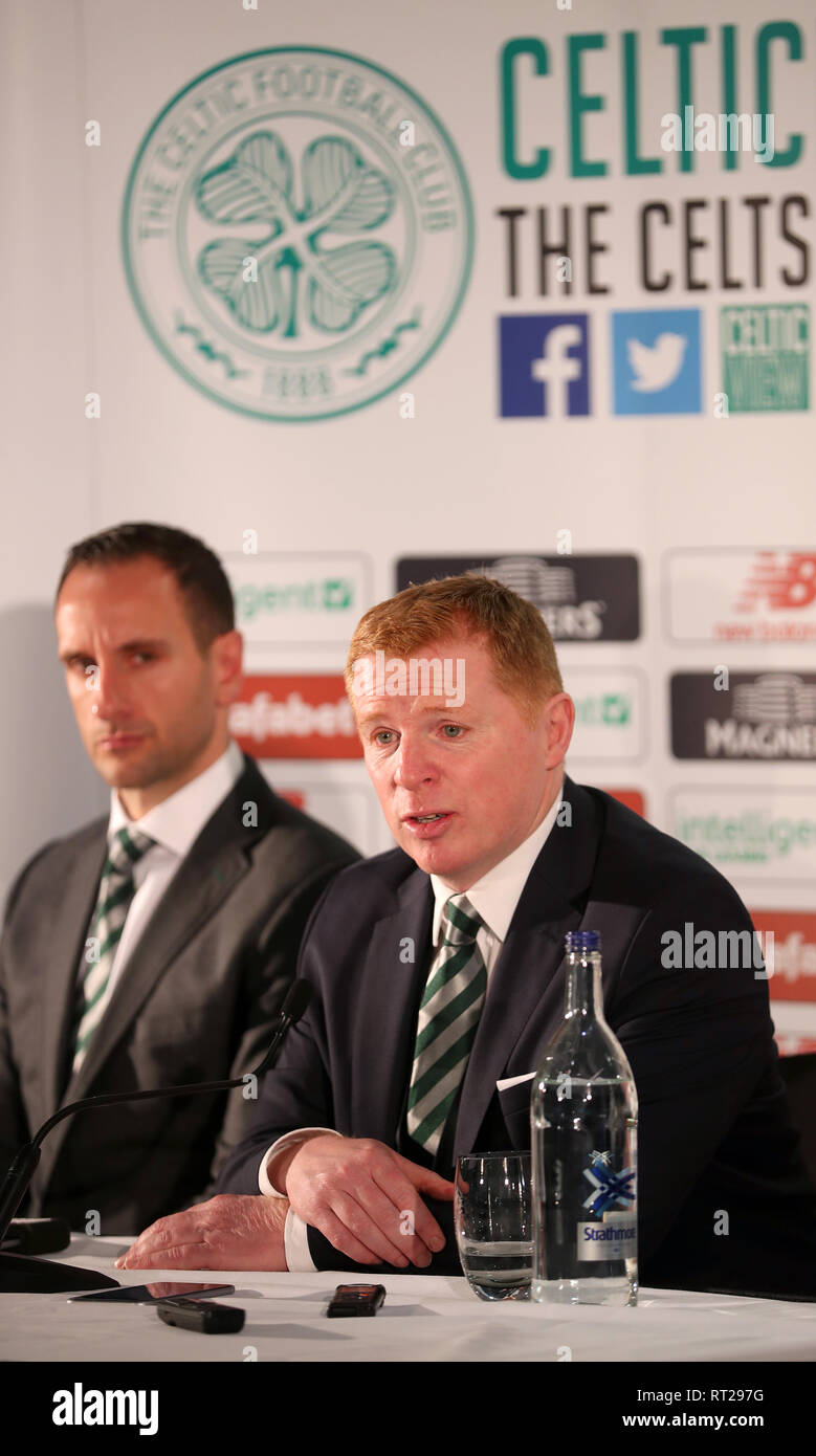 Newly appointed Celtic manager Neil Lennon (right) with assistant John Kennedy during the press conference at Celtic Park, Glasgow. Stock Photo