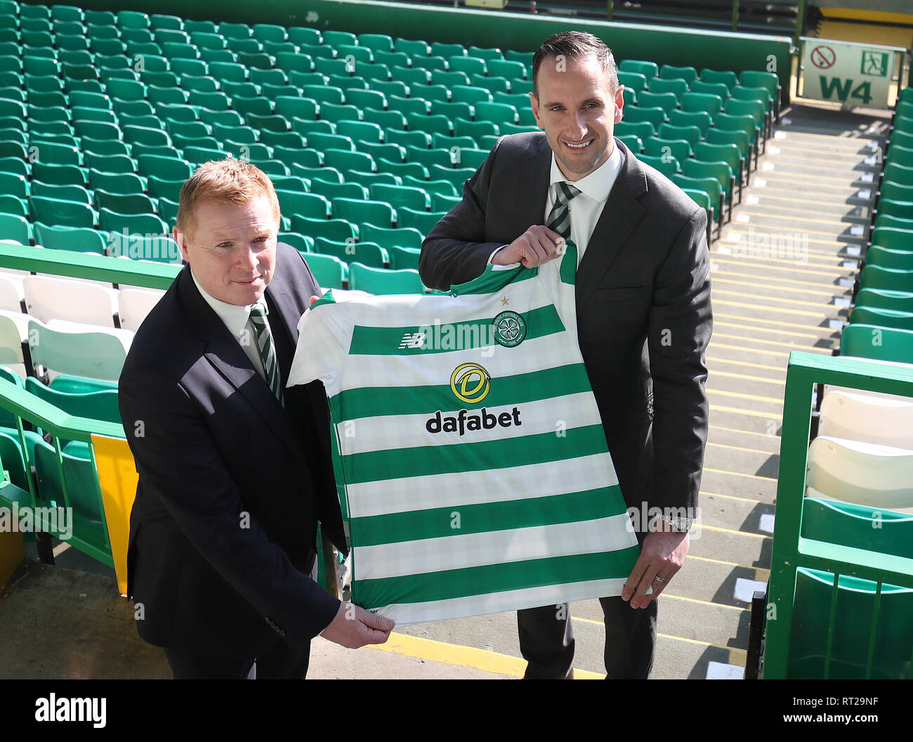 Newly appointed Celtic manager Neil Lennon (left) with assistant John Kennedy following the press conference at Celtic Park, Glasgow. Stock Photo