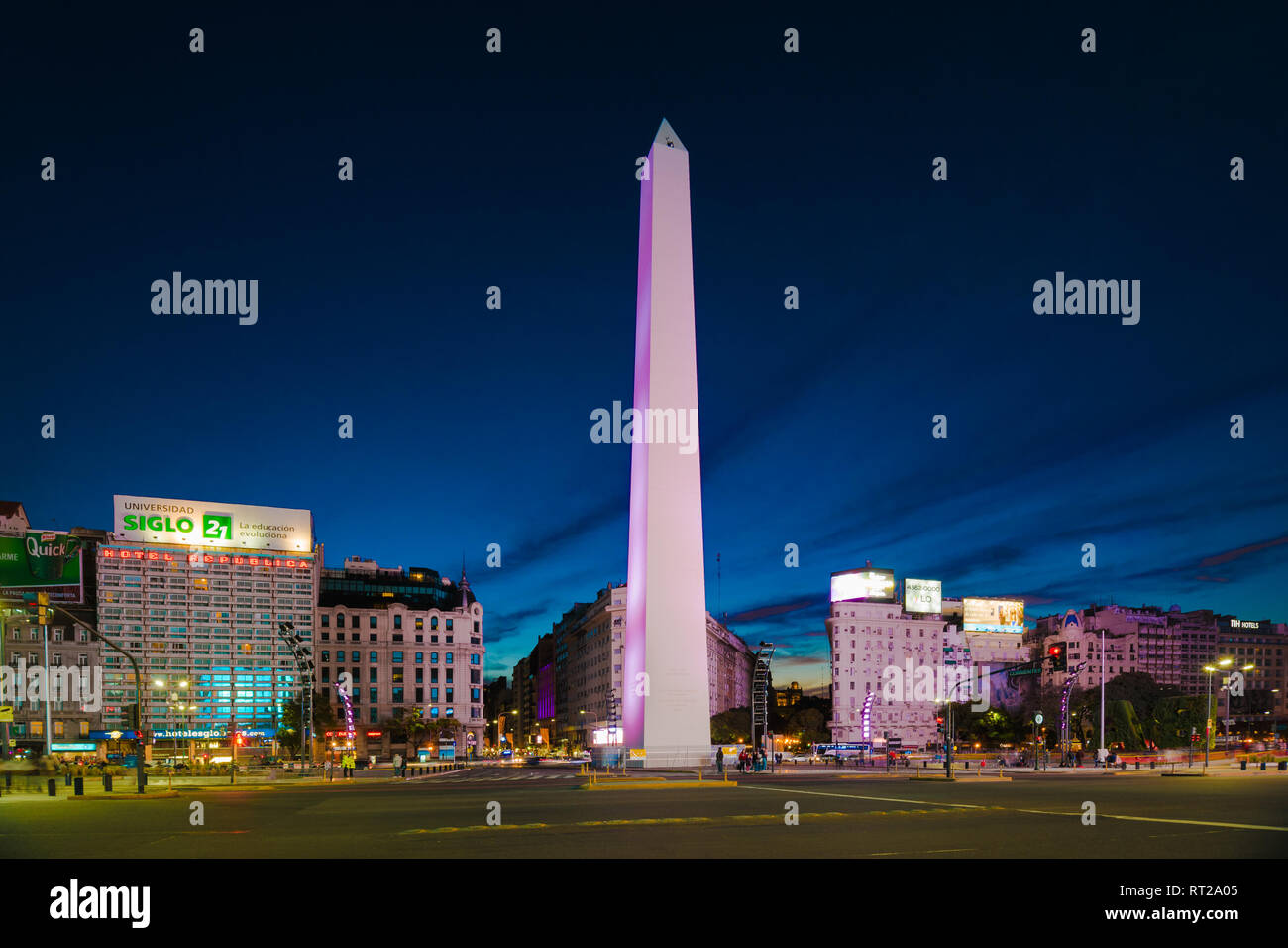 Buenos Aires, Argentina - 15  August, 2016: Night view of the Obelisk (El Obelisco), the most recognized landmark in the capital. Stock Photo