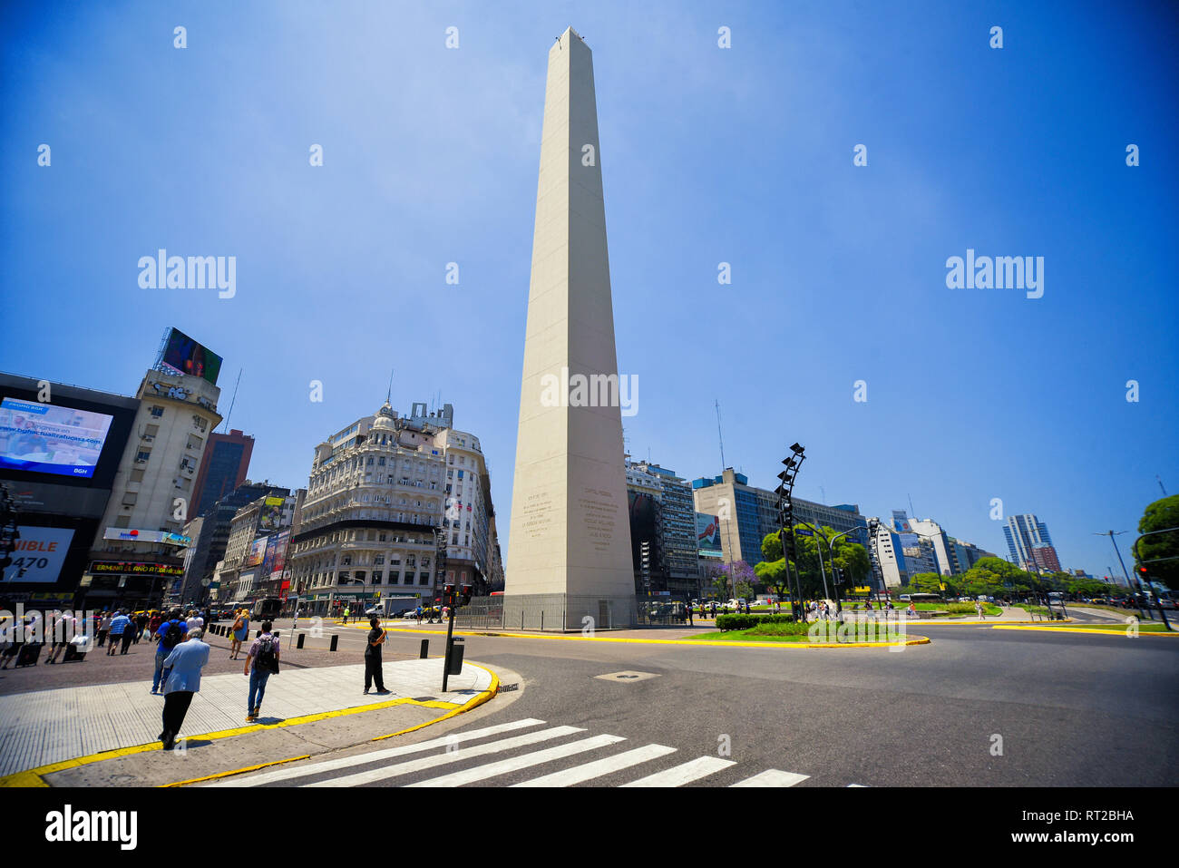 Buenos Aires, Argentina - 29 Nov, 2016: The Obelisk (El Obelisco), the most recognized landmark in the Capital Federal. People can be seen on foregrou Stock Photo