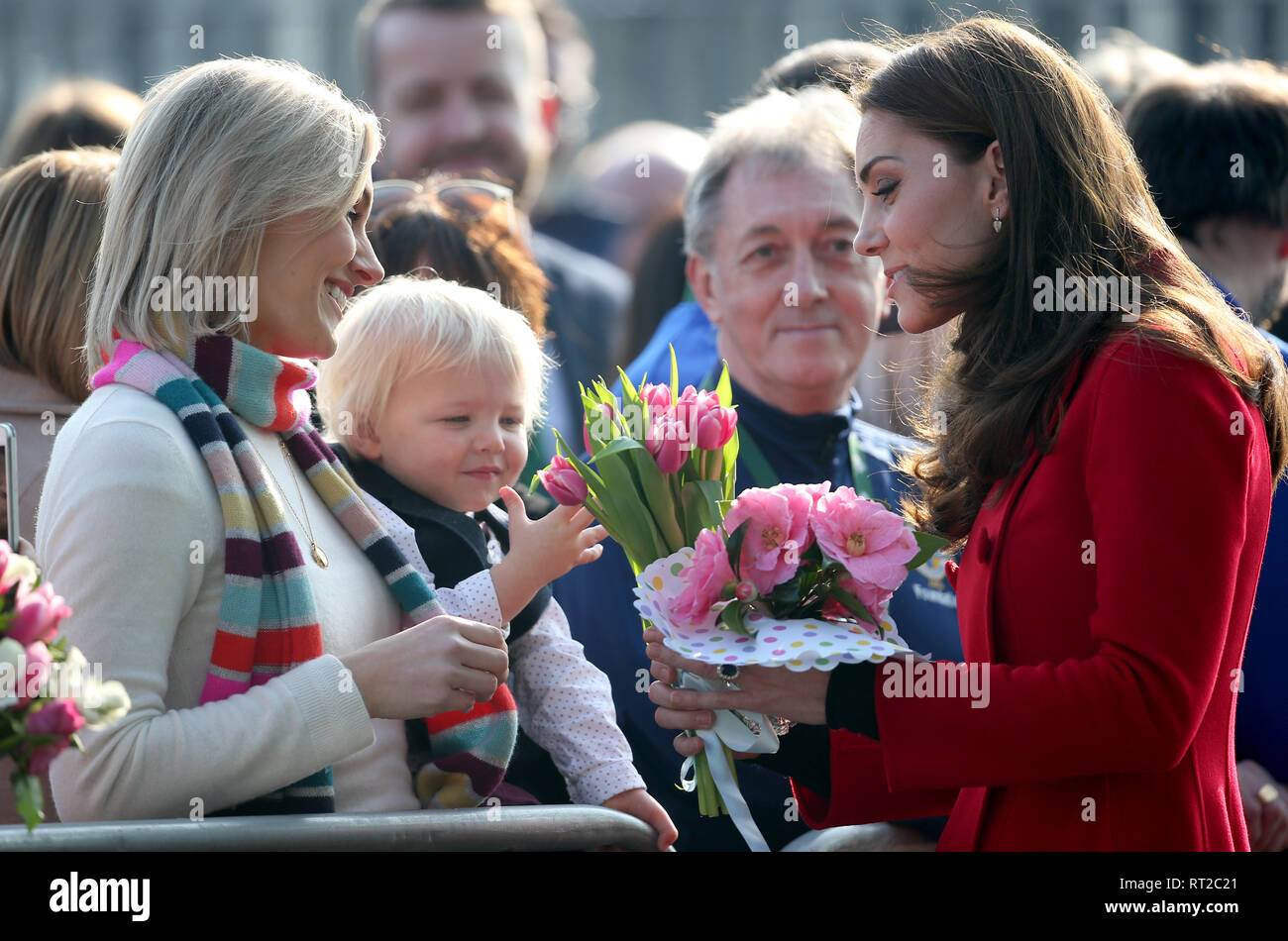 The Duchess of Cambridge speaks with members of the public as she arrives for a visit to Windsor