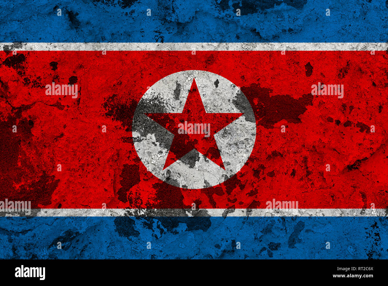 North Korea flag on old wall. Patriotic grunge background. National flag of North Korea Stock Photo