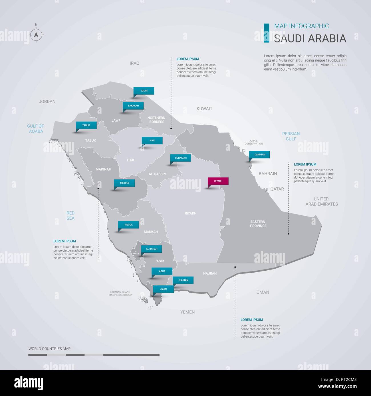 Saudi Arabia vector map with infographic elements, pointer marks. Editable template with regions, cities and capital Riyadh. Stock Vector