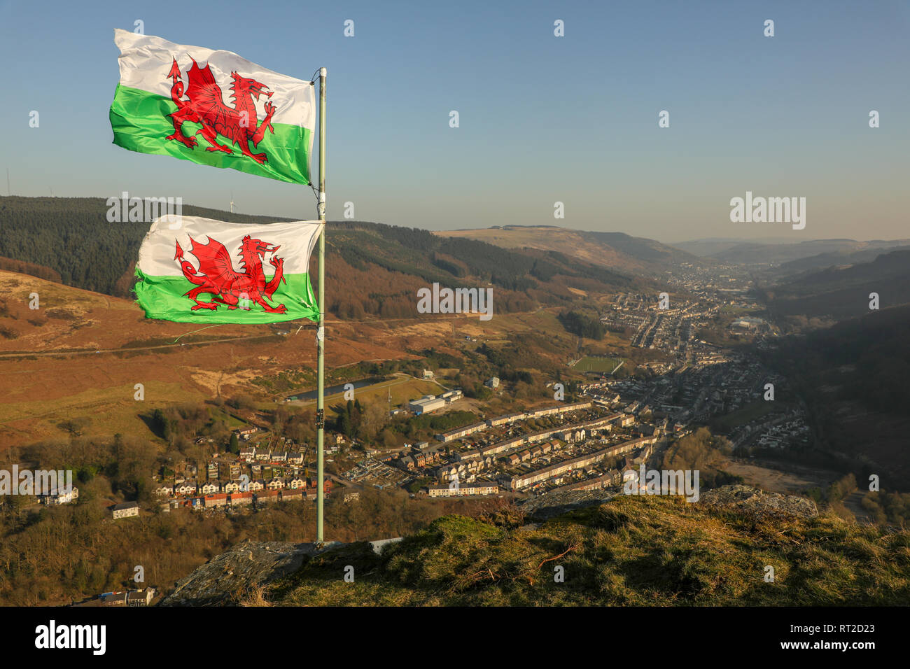 The Red Dragon, Wales Flag and national emblem, flies over the Rhondda valleys at Blaen Rhondda, South Wales Valleys, Wales, UK. Stock Photo