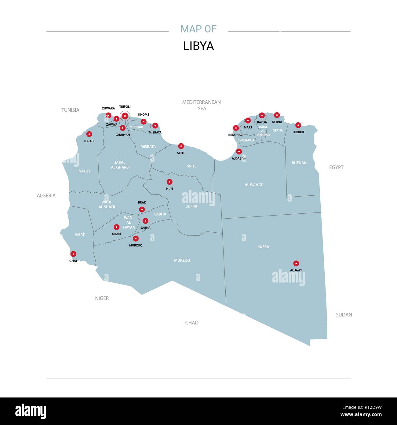 Libya Map With Cities Libya Vector Map. Editable Template With Regions, Cities, Red Pins And Blue  Surface On White Background Stock Vector Image & Art - Alamy