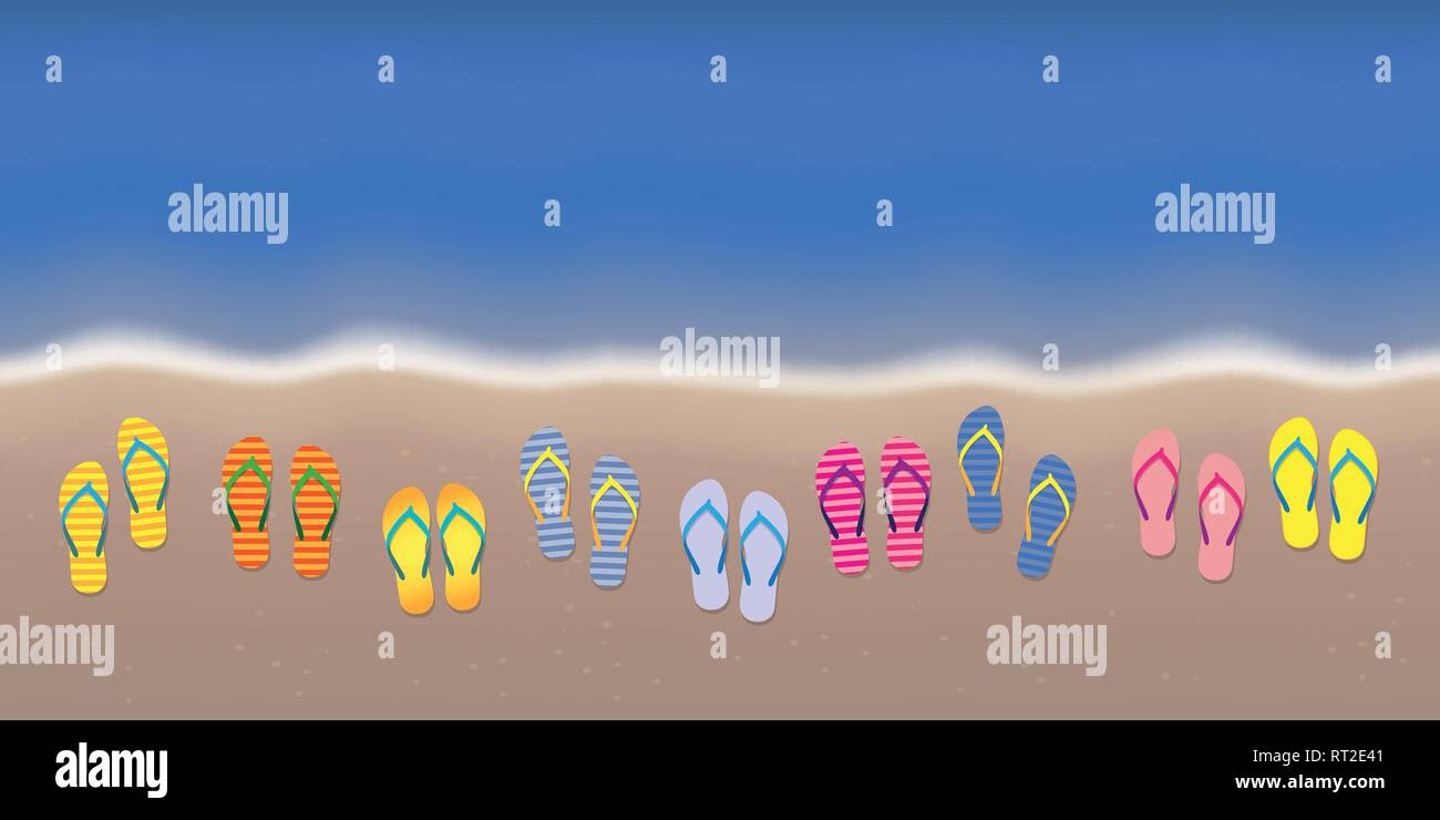 many flip flops on the beach with dark blue water summer holiday ...