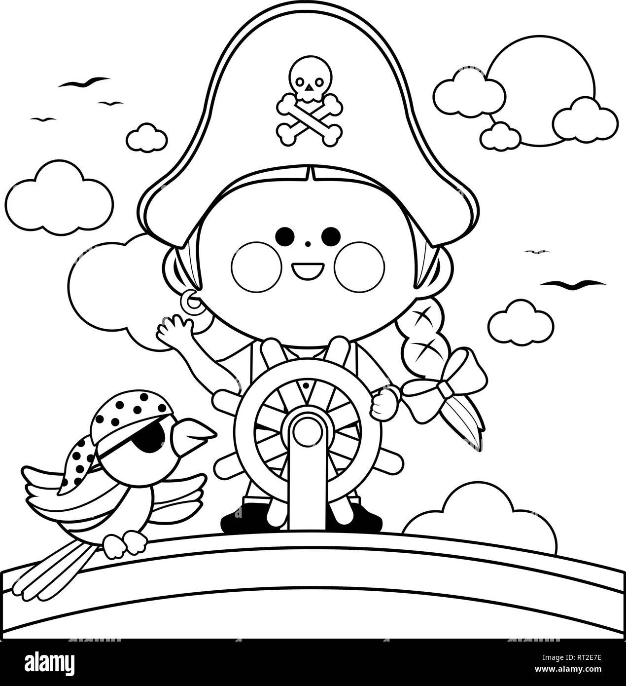 Pirate girl captain sailing on ship with steering wheel. Black and white coloring book page Stock Vector