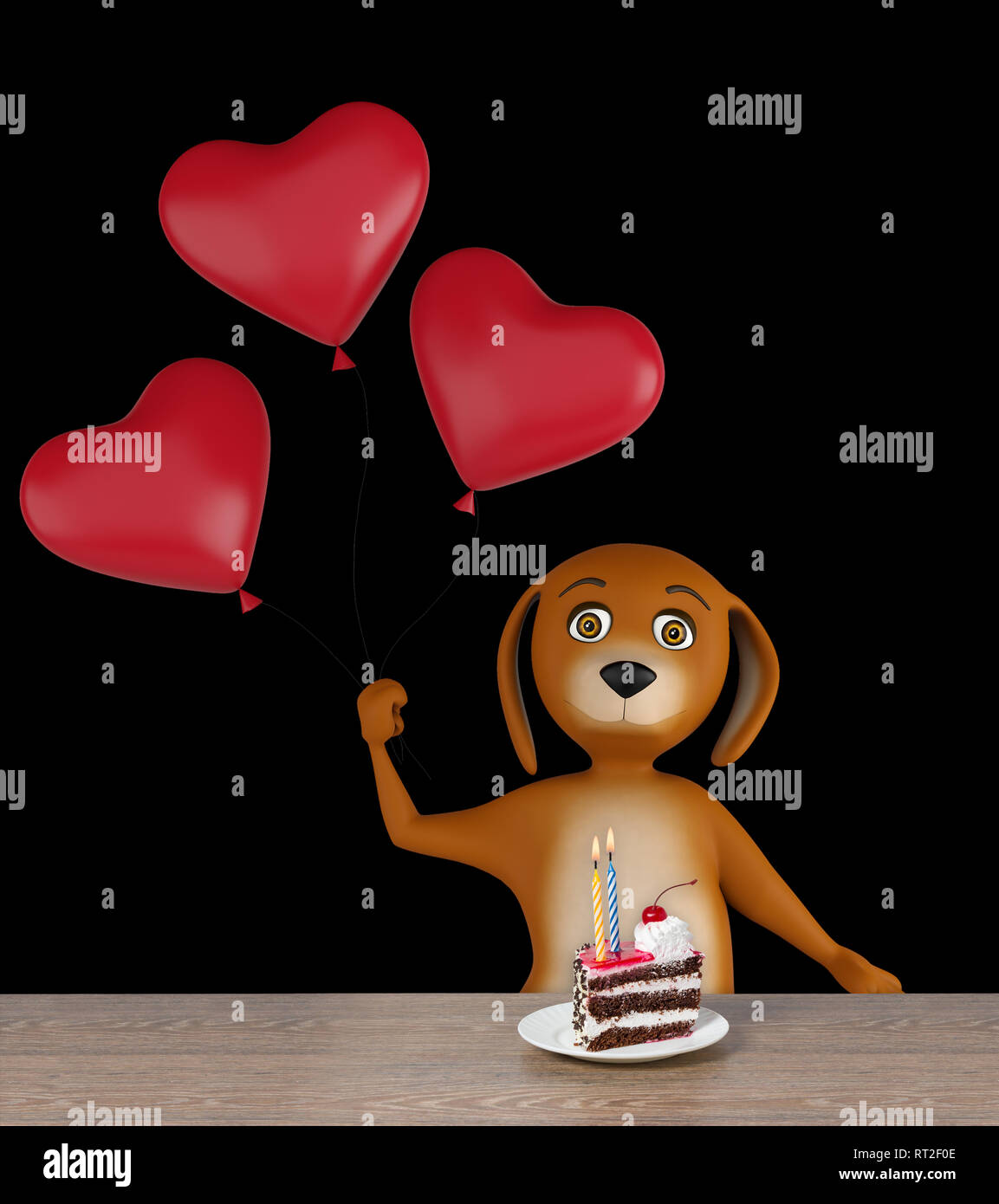 Valentines dog holding heart baloons -- isolated on black background. 3d render Stock Photo