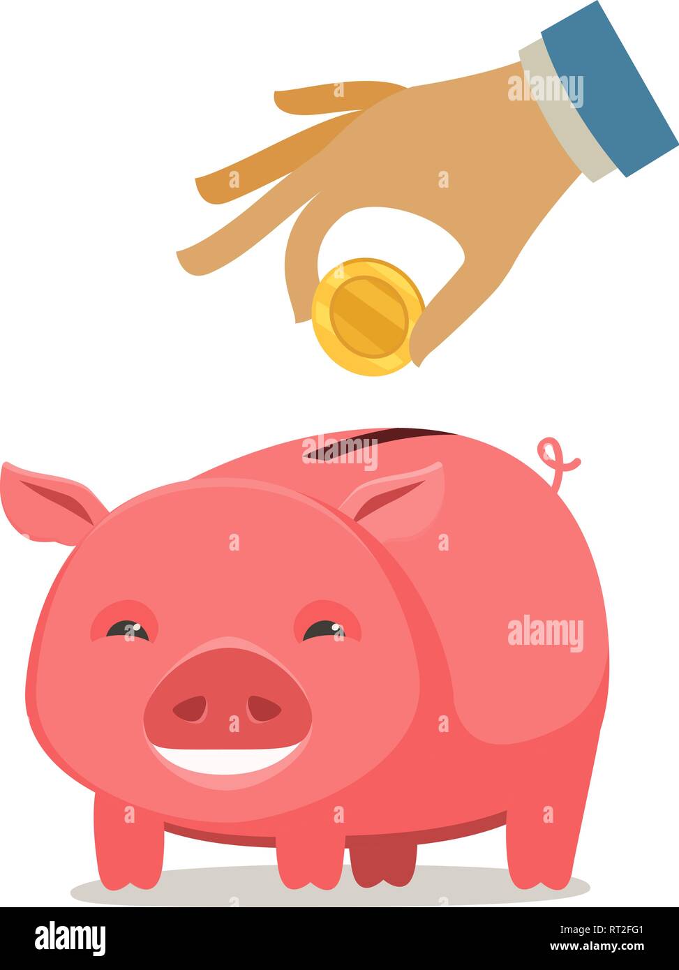 Piggy bank and hand with coin. Save money, banking, business concept. Cartoon vector illustration Stock Vector
