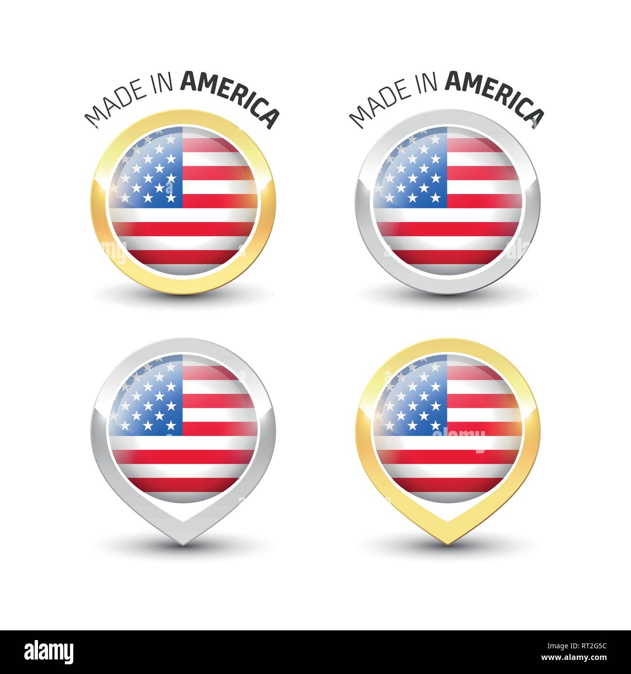 Made in America USA - Guarantee label with the flag of the United States of America inside round gold and silver icons. Stock Vector