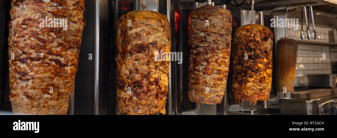 Gyros, doner grilled slowly on rotating spits. Athens, Greece