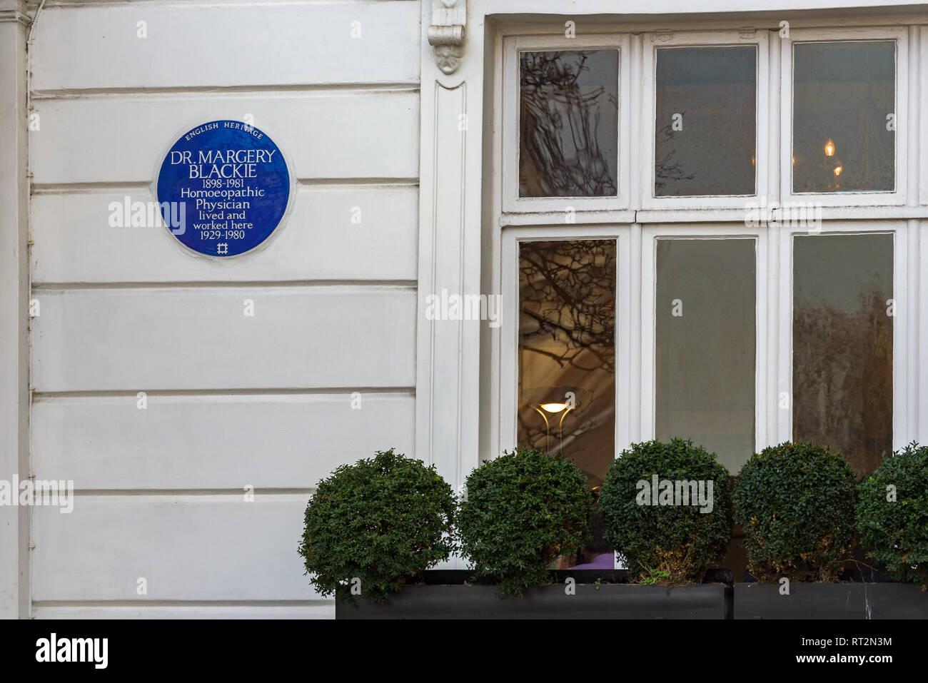 English heritage blue plaque outside the house where homeopathic physician Margery Blackie lived and worked. South Kensington, London, England Stock Photo