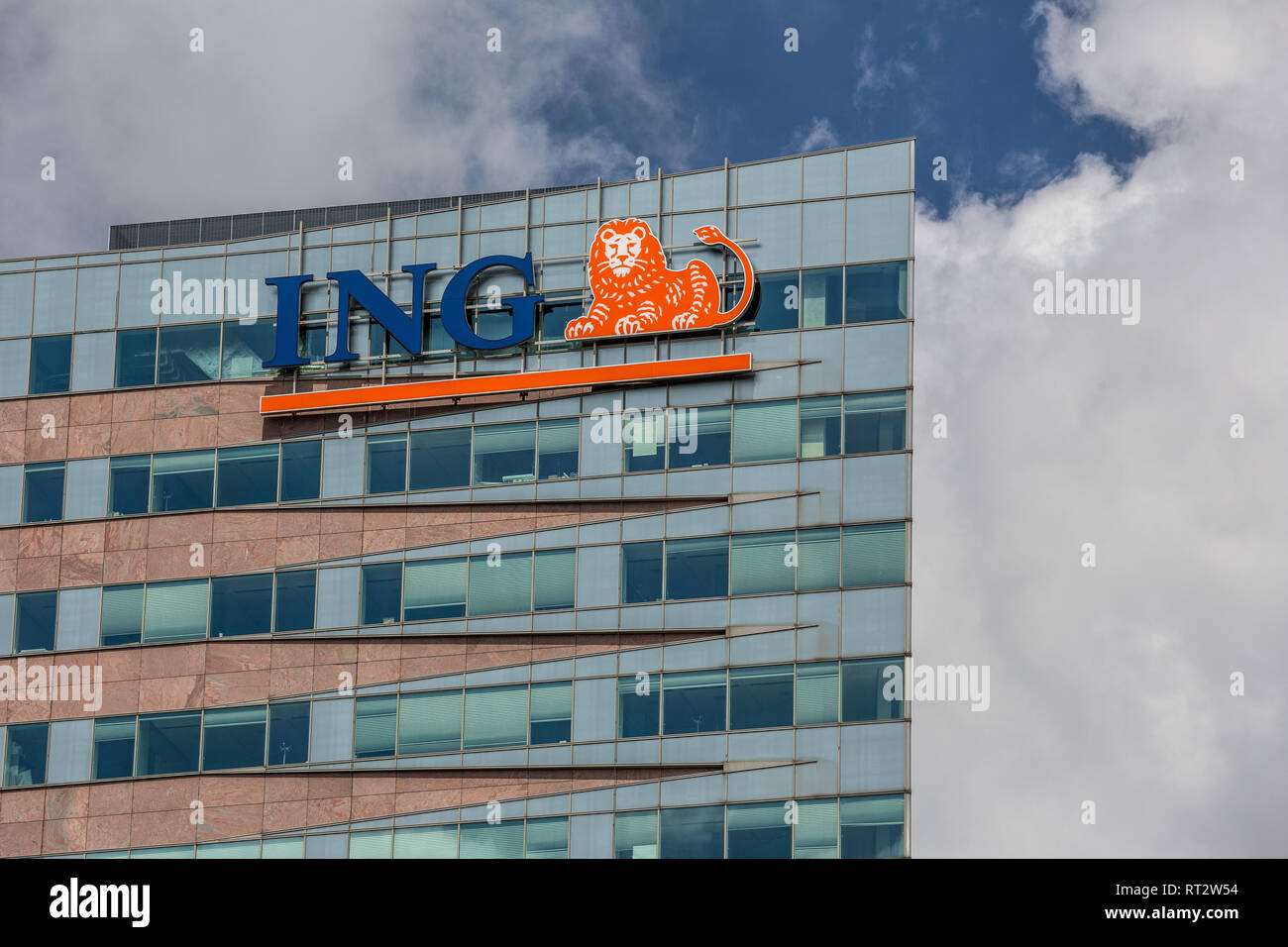 Amsterdam, Netherlands. June 27, 2015. Logo of ING bank at De Entree building Stock Photo