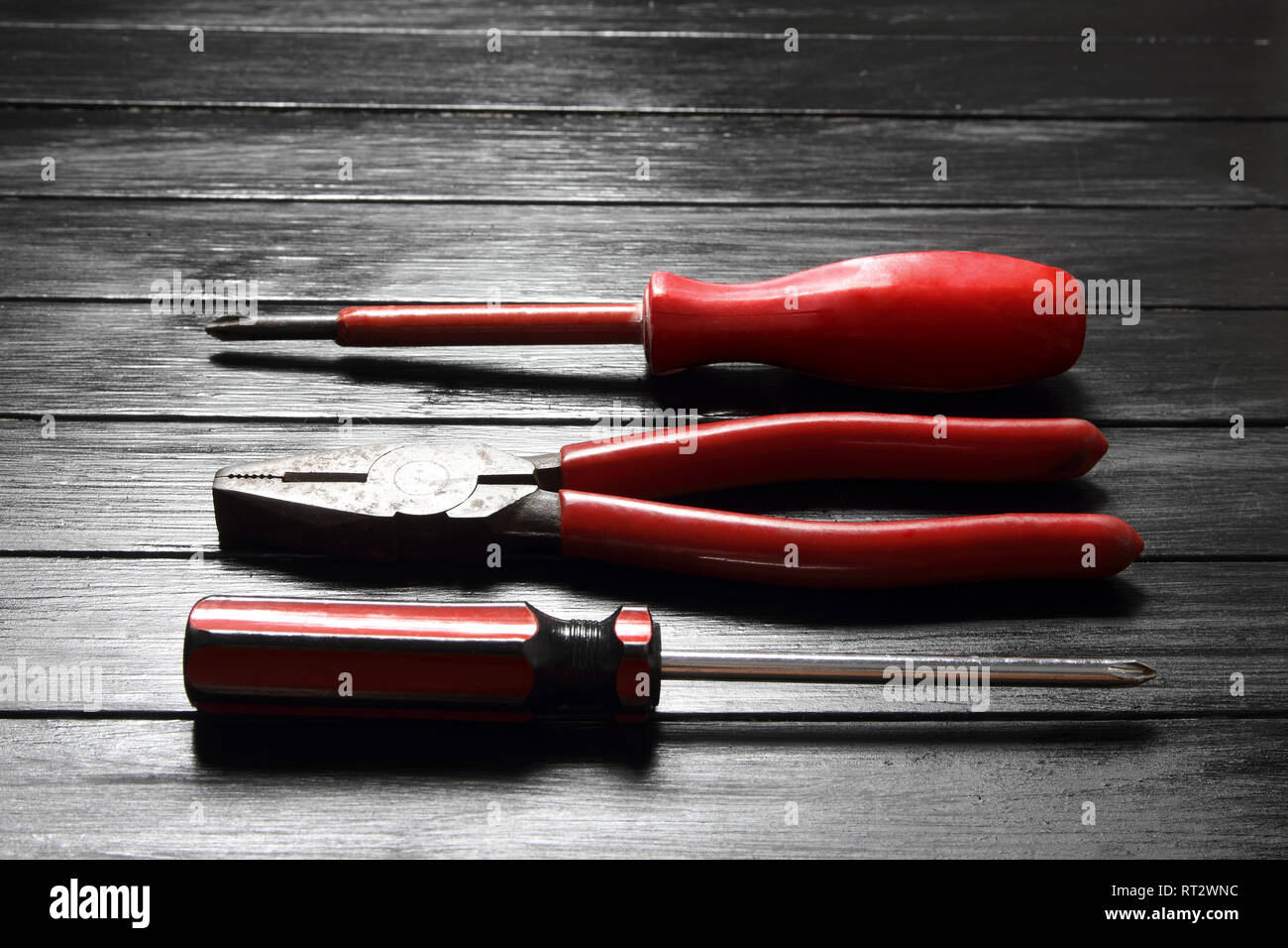 Hand Tools on Wooden Background Stock Photo