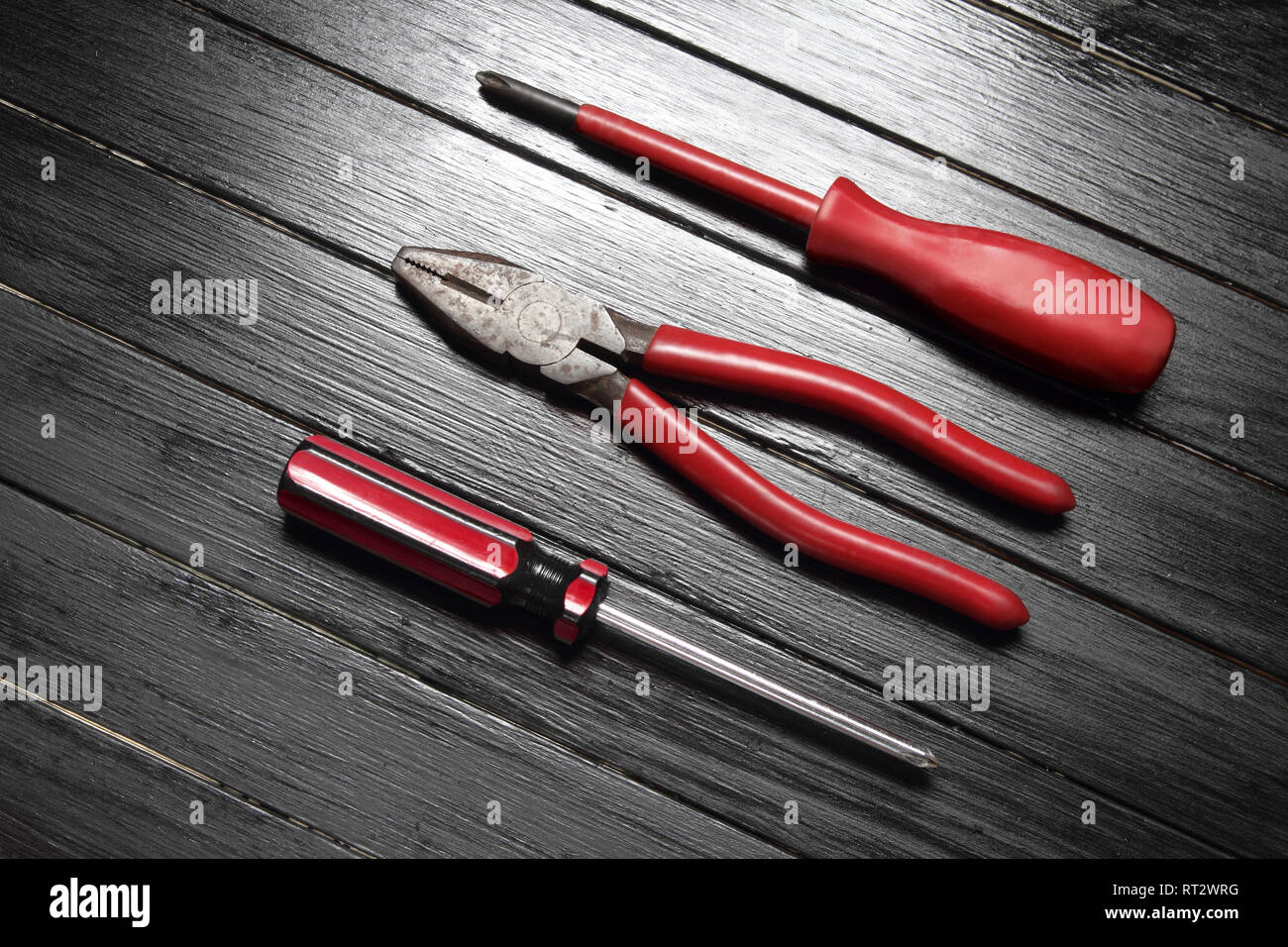 Hand Tools on Wooden Background Stock Photo