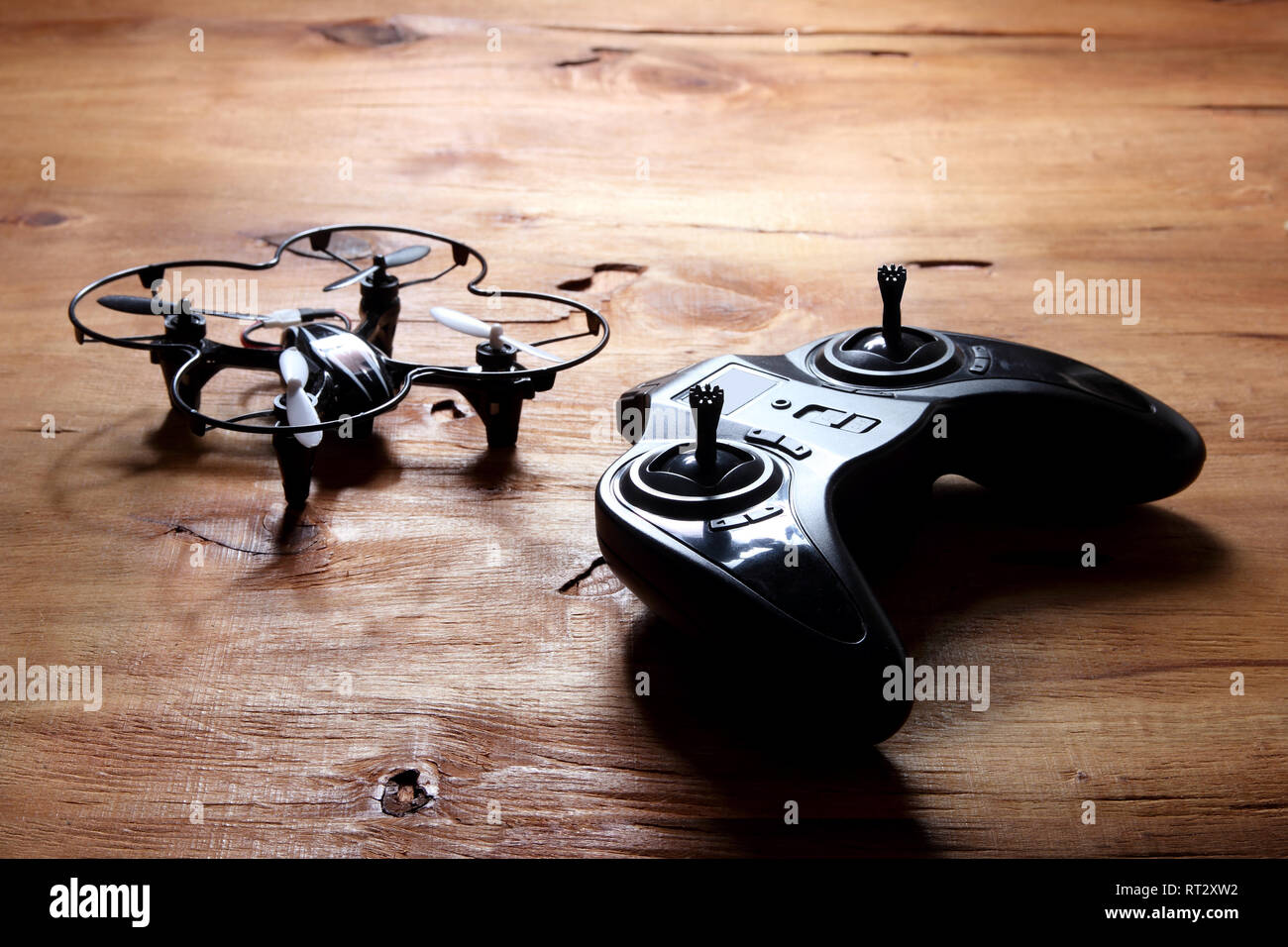 Drone on Wooden Background Stock Photo