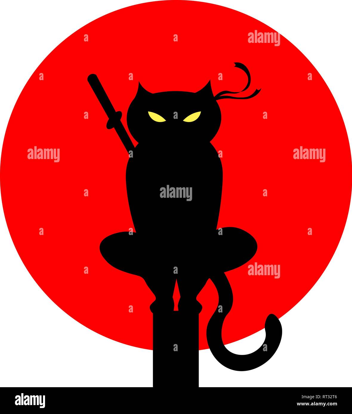 Japan Red Sun. cat ninja illustration vector. a cat with a bandage. martial arts Stock Vector