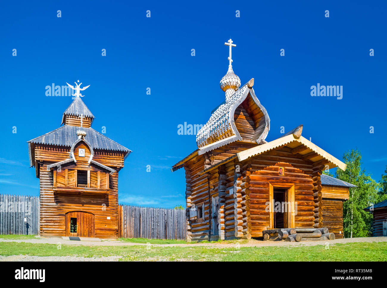 Taltsy is an architectural and ethnographic museum of Siberian wooden architecture. Stock Photo