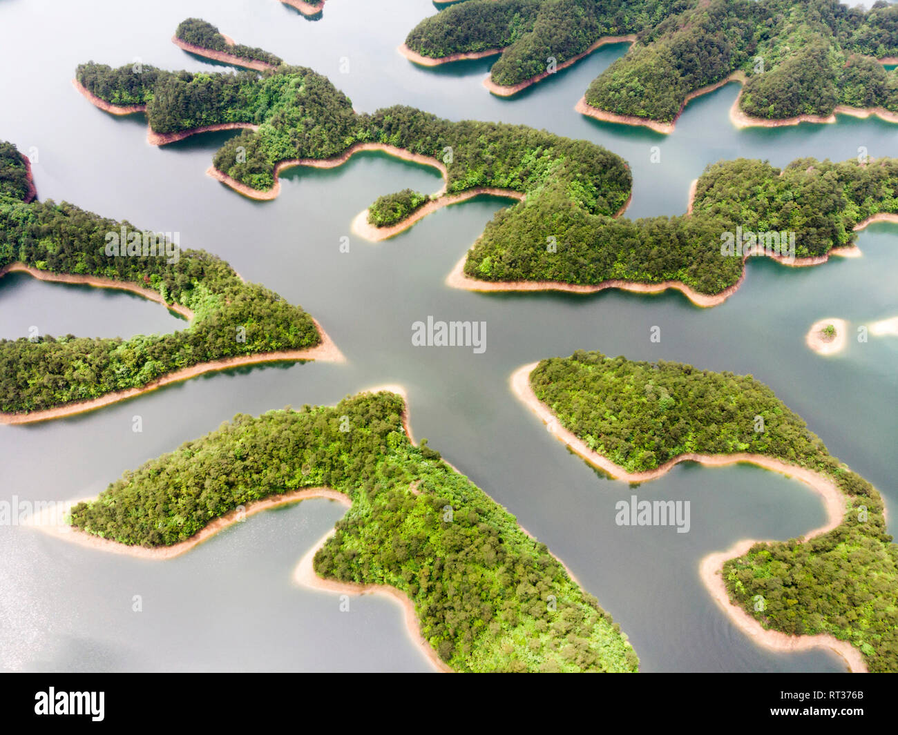 Aerial View of Thousand Island Lake. Bird View of Freshwater Qiandaohu. Sunken Valley in Chun’an country, Hangzhou, Zhejiang Province, China. Stock Photo