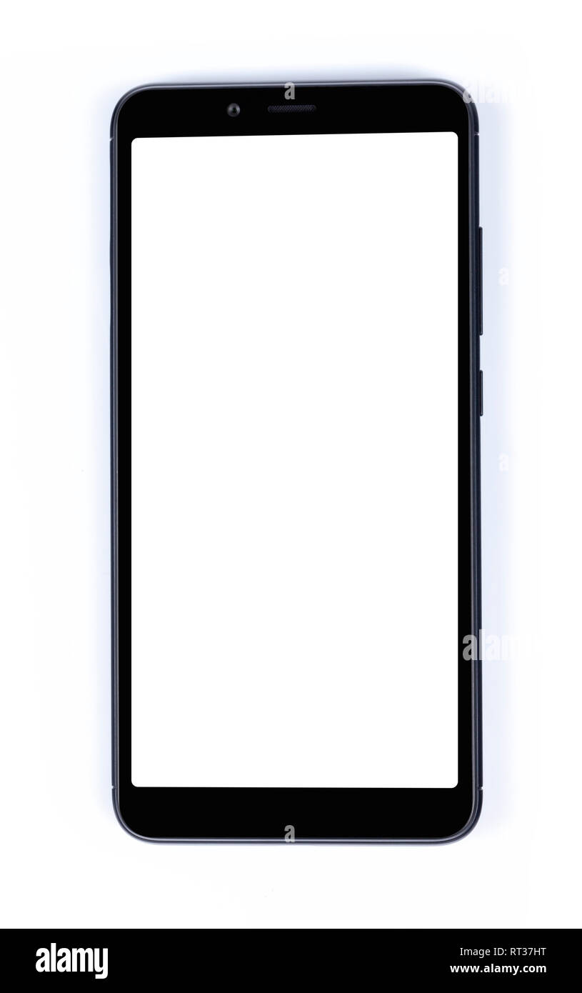 A modern black smartphone with blank screen isolated on white template. Stock Photo
