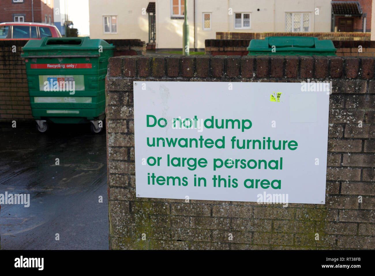 Do not dump unwanted furniture or large personal items in the area sign in residential area of Plymouth Devon England UK Stock Photo