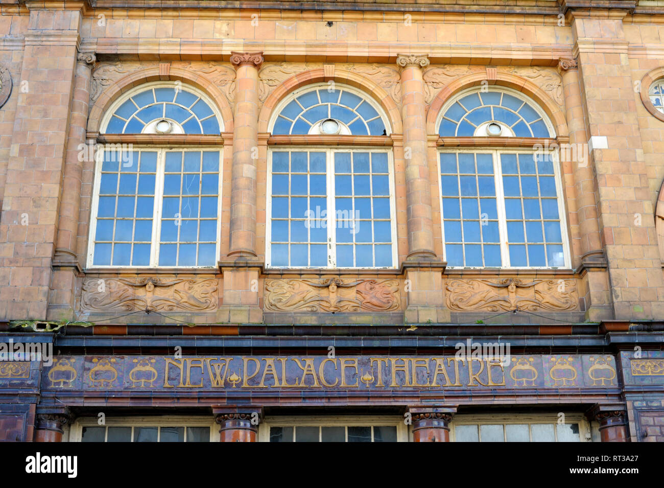 Detail of the New Palace Theatre built in 1898, grade II* listed, closed and derelict at 121 - 123 Union Street Plymouth Devon England UK Stock Photo