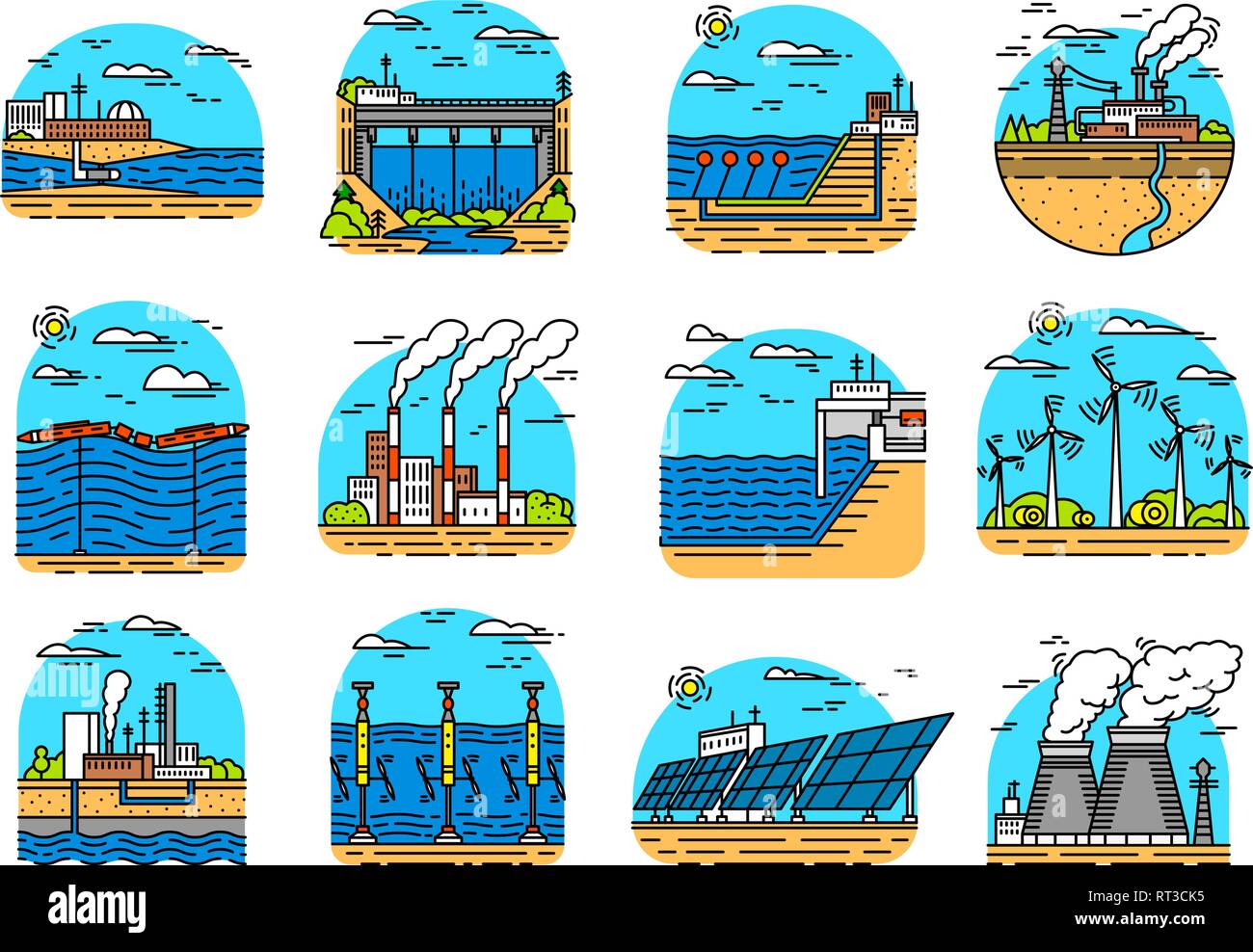 Power plants icons. Set of industrial buildings. Nuclear Factories ...