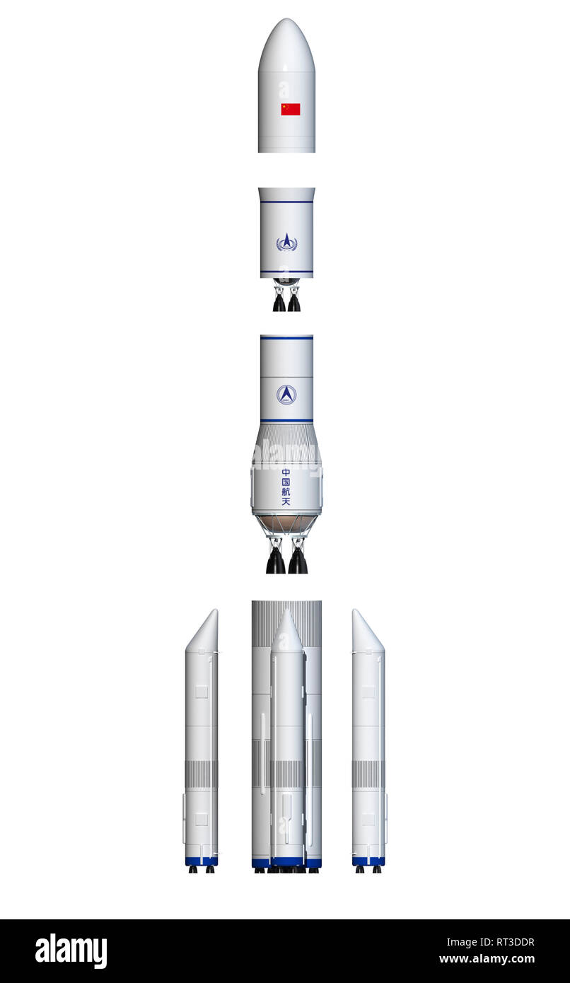 Future Chinese rocket, Long March 9, side view - exploded view. Stock Photo