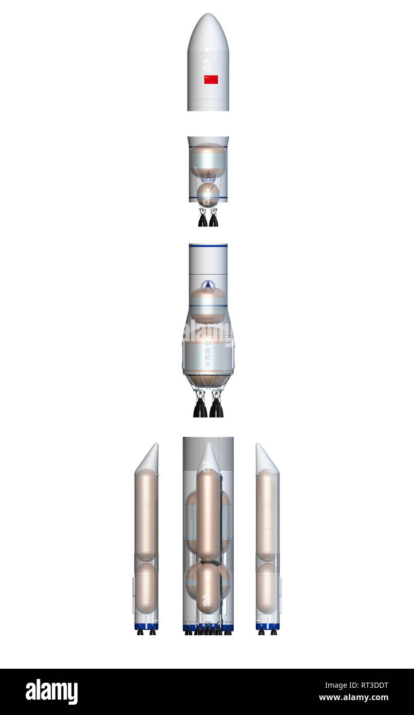 Future Chinese rocket, Long March 9, side view with fuel tanks - exploded view. Stock Photo