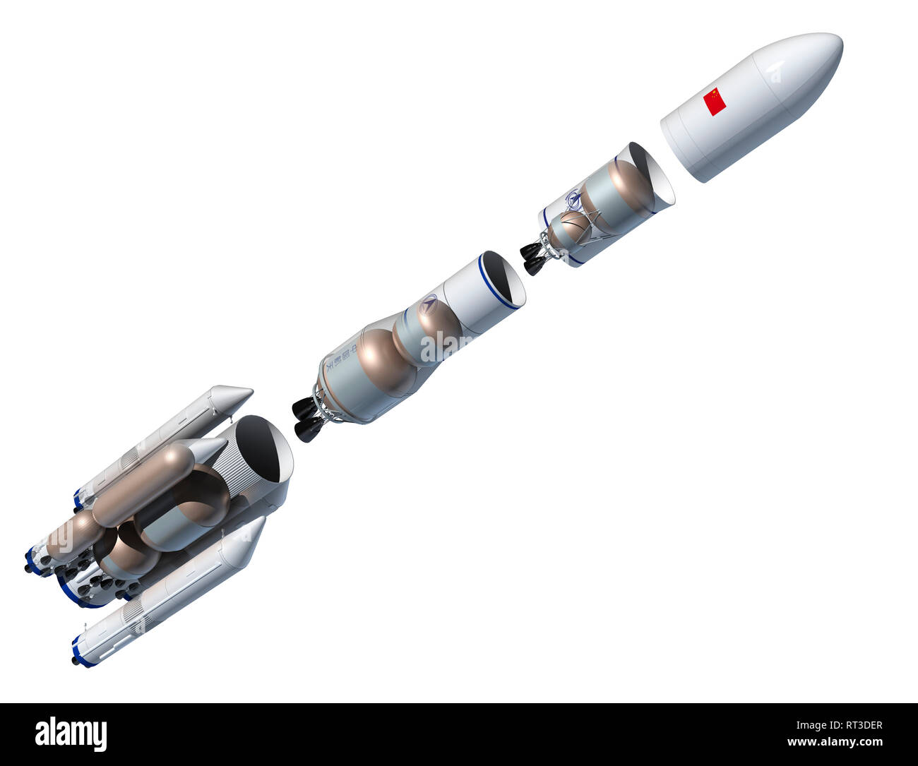 Future Chinese rocket, Long March 9, angled view with fuel tanks - exploded view. Stock Photo