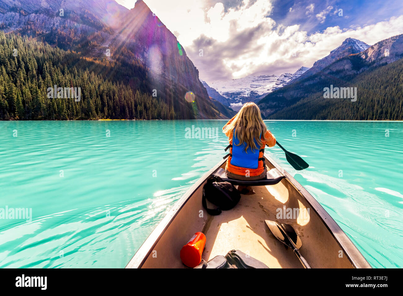 Canoeing on Lake Louise, Banff National Park, Alberta, Canada. Stock Photo