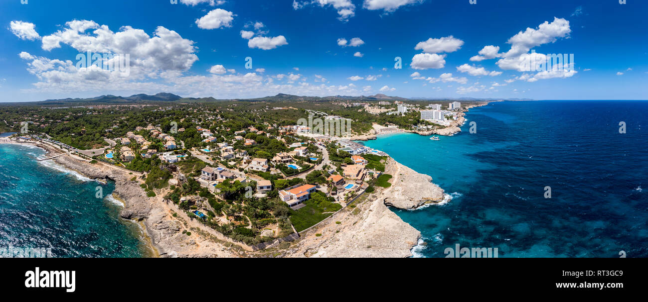 Spain, Baleares, Mallorca, Porto Colom, Aerial view of Cala Tropicana and Cala Domingo Stock Photo