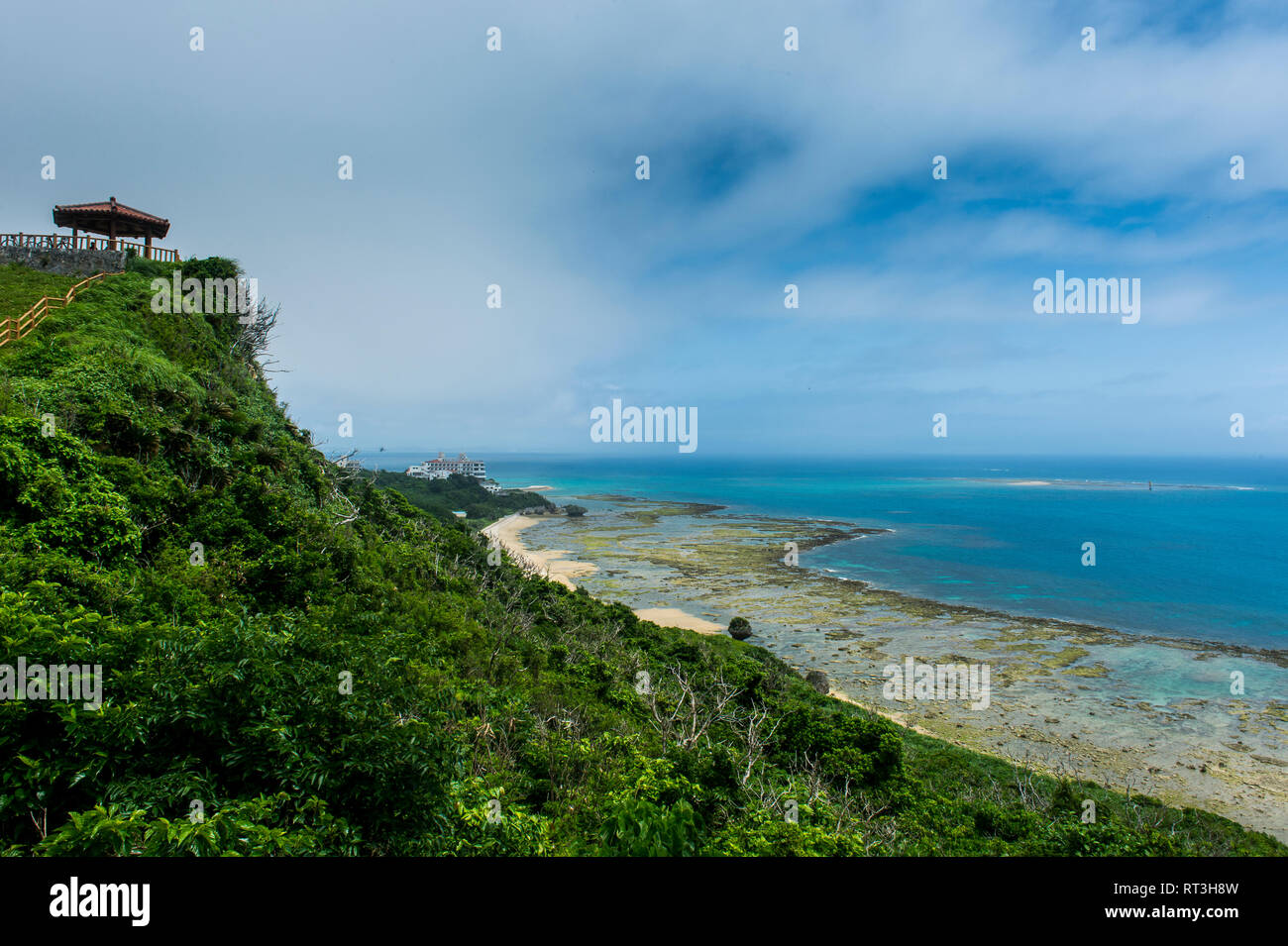 Japan, Okinawa, Overview over the beach of the sacred site Sefa Utaki Stock Photo