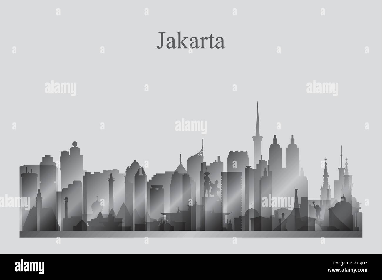 Jakarta city skyline silhouette in grayscale vector illustration Stock Vector