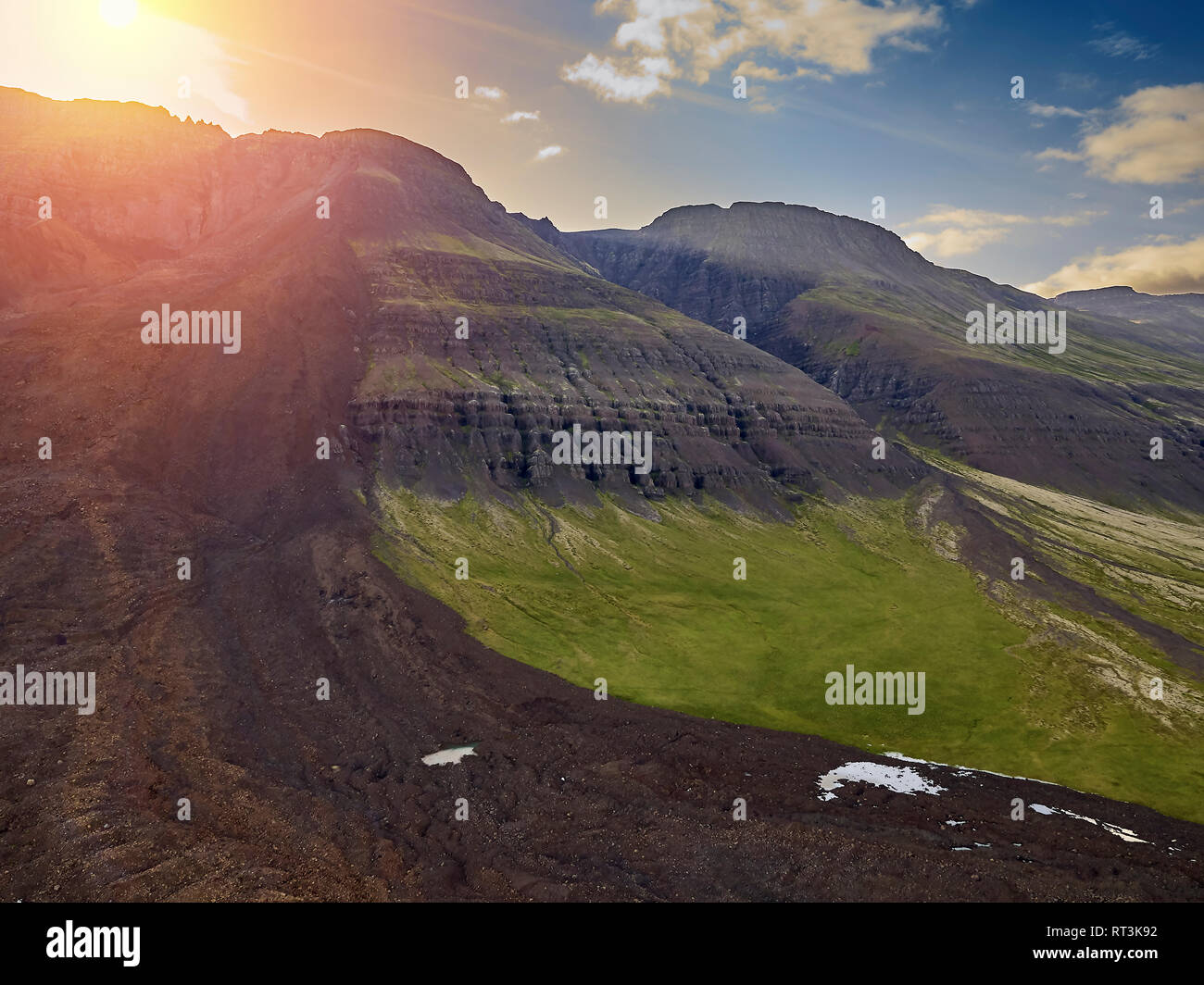 Enormous landslide on Fagraskogarfjall mountain in Hitardalur, Western, Iceland. Stock Photo